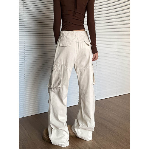 apocket美式復古米白色多口袋工裝褲女新款街頭寬鬆褶皺直筒褲子 apocket美式復古米白色多口袋工裝褲女新款街頭寬鬆褶皺直筒褲子