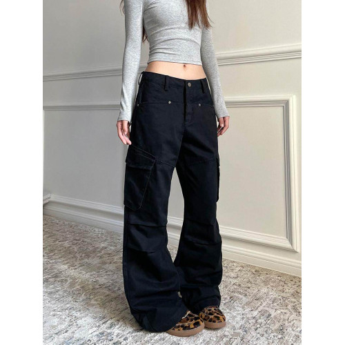 apocket美式復古米白色多口袋工裝褲女新款街頭寬鬆褶皺直筒褲子 apocket美式復古米白色多口袋工裝褲女新款街頭寬鬆褶皺直筒褲子