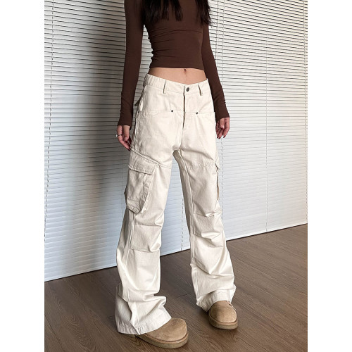 apocket美式復古米白色多口袋工裝褲女新款街頭寬鬆褶皺直筒褲子 apocket美式復古米白色多口袋工裝褲女新款街頭寬鬆褶皺直筒褲子