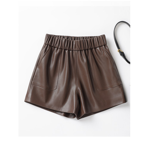 海甯真皮短褲濶腿寬鬆顯瘦羊皮皮短褲2025秋百搭a字綿羊皮女皮褲