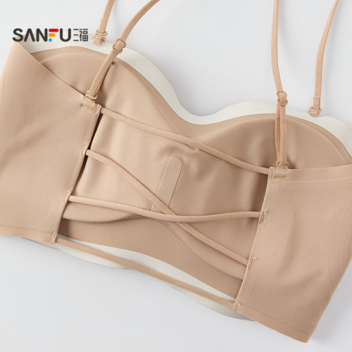 三福裹胸美背背心一體式可外露細肩帶聚攏文胸無感粉底液女生內衣