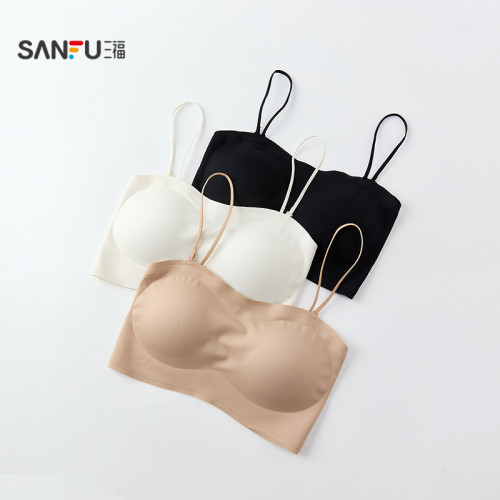 三福裹胸美背背心一體式可外露細肩帶聚攏文胸無感粉底液女生內衣