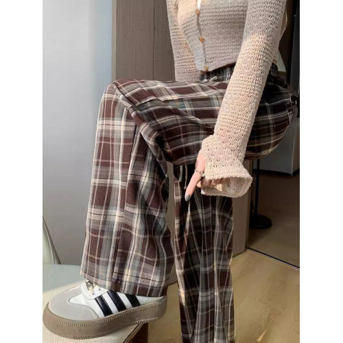 300斤大碼復古格子褲女春夏薄款胖mm高腰寬鬆顯瘦濶腿運動休閒褲