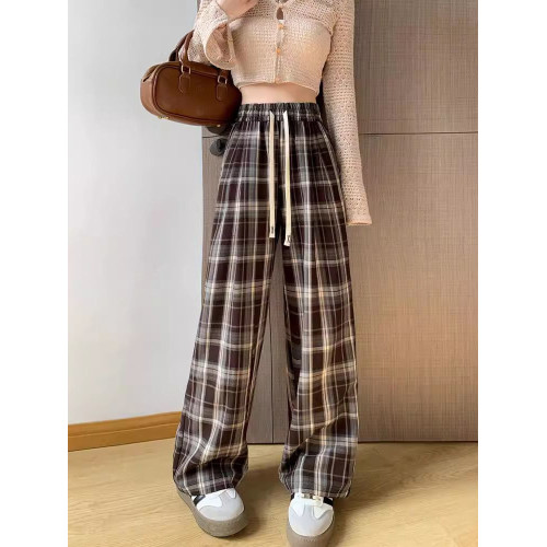 300斤大碼復古格子褲女春夏薄款胖mm高腰寬鬆顯瘦濶腿運動休閒褲