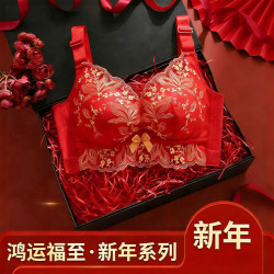 大紅色本命年調整型內衣女小胸顯大女士聚攏無鋼圈文胸罩
