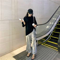 BlingBling銀色亮閃閃亮片下裝松緊腰直筒休閒長褲濶腿九分褲子女