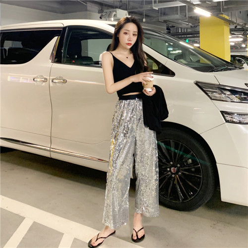 BlingBling銀色亮閃閃亮片下裝松緊腰直筒休閒長褲濶腿九分褲子女