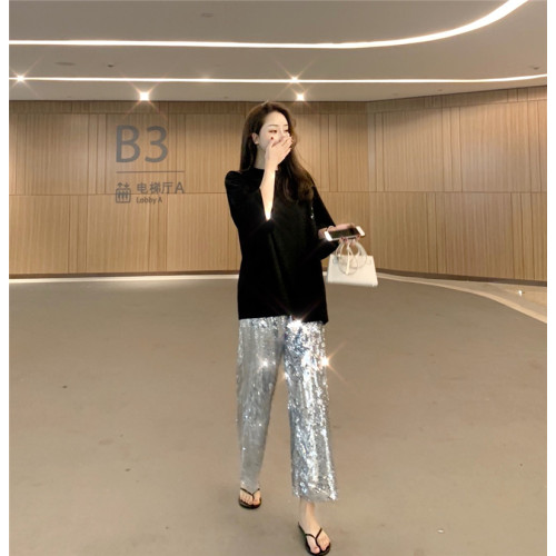 BlingBling銀色亮閃閃亮片下裝松緊腰直筒休閒長褲濶腿九分褲子女