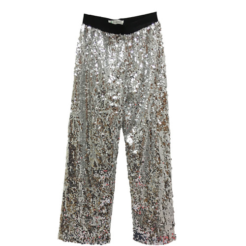 BlingBling銀色亮閃閃亮片下裝松緊腰直筒休閒長褲濶腿九分褲子女