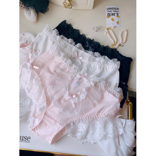 甜美蕾絲大花邊中高腰大碼純棉內褲女秋冬舒適棉質日系少女蝴蝶結