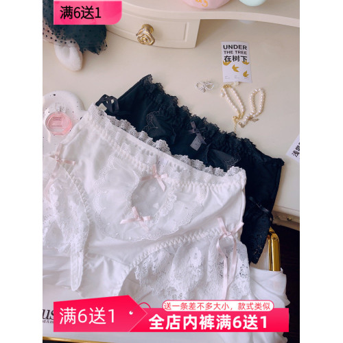 甜美蕾絲大花邊中高腰大碼純棉內褲女秋冬舒適棉質日系少女蝴蝶結