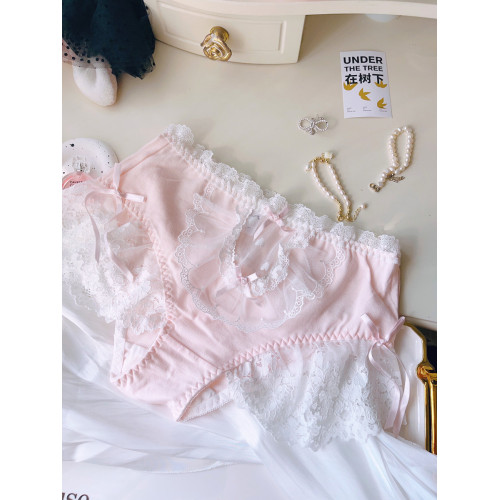 甜美蕾絲大花邊中高腰大碼純棉內褲女秋冬舒適棉質日系少女蝴蝶結