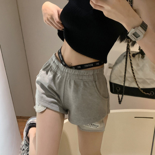 2023新款灰色美式運動夏季短褲女高腰外穿設計感小衆休閒沙灘熱褲