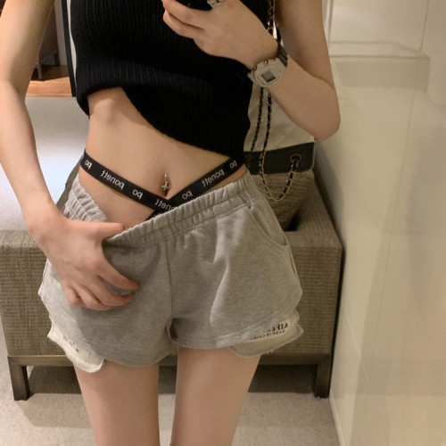 2023新款灰色美式運動夏季短褲女高腰外穿設計感小衆休閒沙灘熱褲