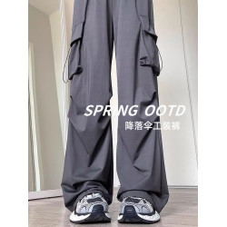灰色工裝褲子女春秋夏季2025新款小個子寬鬆降落傘垂感美式運動褲