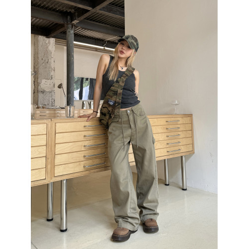 川川也原創美式寬鬆直筒刺綉腰帶繩工裝褲男女復古街頭濶腿長褲潮