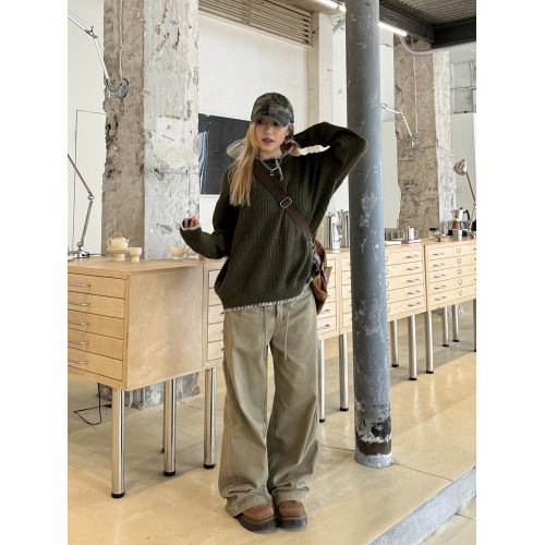 川川也原創美式寬鬆直筒刺綉腰帶繩工裝褲男女復古街頭濶腿長褲潮