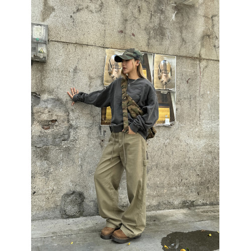 川川也原創美式寬鬆直筒刺綉腰帶繩工裝褲男女復古街頭濶腿長褲潮