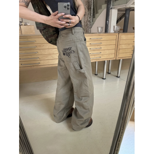 川川也原創美式寬鬆直筒刺綉腰帶繩工裝褲男女復古街頭濶腿長褲潮