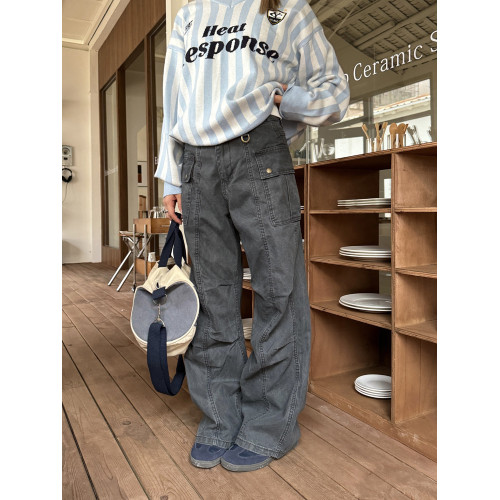 川川也復古水洗做舊多口袋直筒工裝褲男女街頭寬鬆美式街頭休閒褲