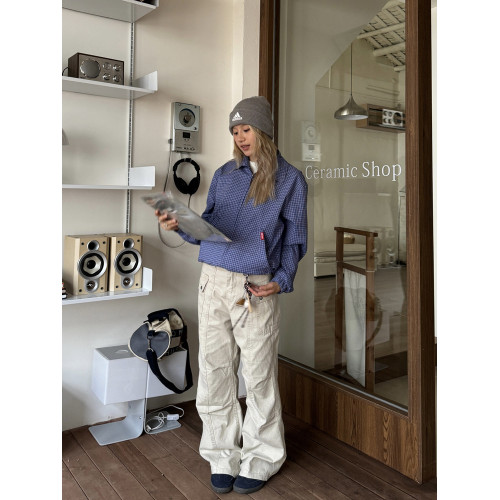 川川也復古水洗做舊多口袋直筒工裝褲男女街頭寬鬆美式街頭休閒褲