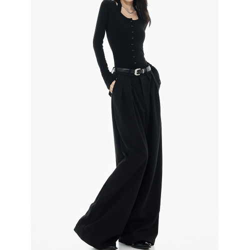 KEN STUDIO春秋新款黑色濶腿西裝褲女高級設計垂感寬鬆顯瘦拖地褲