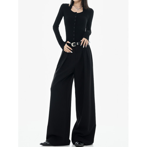 KEN STUDIO春秋新款黑色濶腿西裝褲女高級設計垂感寬鬆顯瘦拖地褲