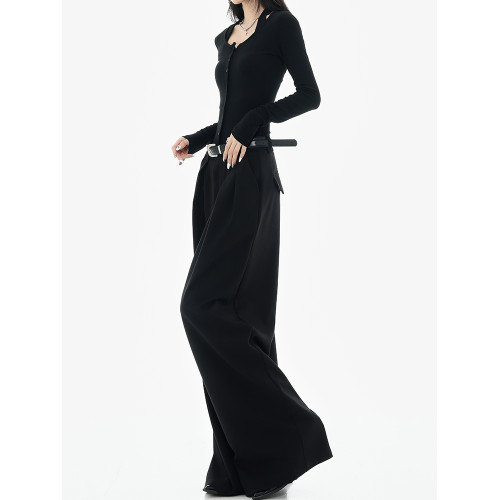 KEN STUDIO春秋新款黑色濶腿西裝褲女高級設計垂感寬鬆顯瘦拖地褲