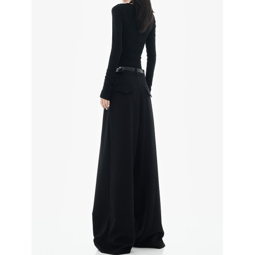 KEN STUDIO春秋新款黑色濶腿西裝褲女高級設計垂感寬鬆顯瘦拖地褲