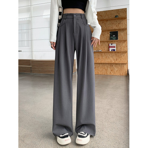 灰色西裝褲女秋季小個子高級感潮牌寬鬆bf直筒濶腿垂感窄版長褲子