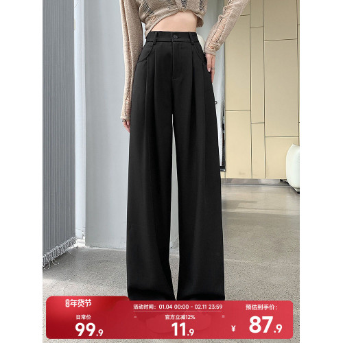 灰色西裝褲女秋季小個子高級感潮牌寬鬆bf直筒濶腿垂感窄版長褲子