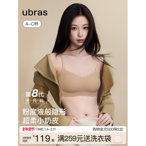 虞書訢同款ubras無尺碼小奶皮粉底液無痕隱形吊帶文胸罩紅色內衣