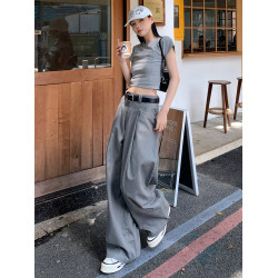灰色復古休閒褲女夏寬鬆雅痞風高腰顯瘦垂感濶腿褲加長直筒拖地褲