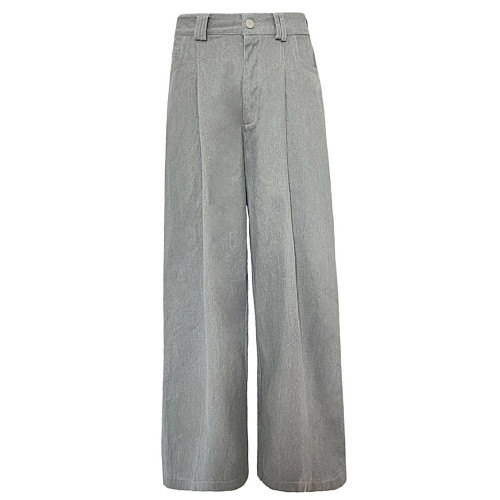 灰色復古休閒褲女夏寬鬆雅痞風高腰顯瘦垂感濶腿褲加長直筒拖地褲