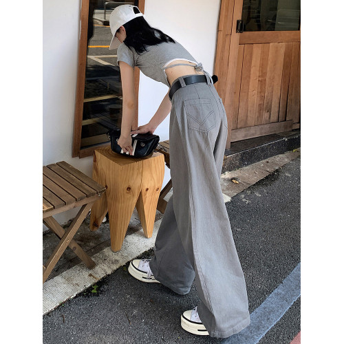 灰色復古休閒褲女夏寬鬆雅痞風高腰顯瘦垂感濶腿褲加長直筒拖地褲