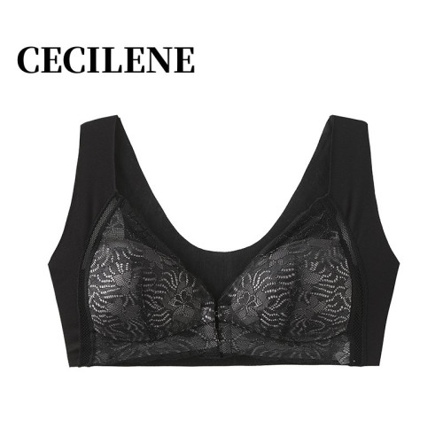 CECILENE內衣春夏背心式蕾絲無鋼圈薄款大胸顯小側收副乳前釦文胸