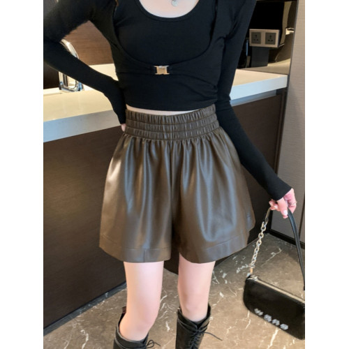 大碼女裝胖mm秋冬新款高腰梨型身材遮胯顯瘦a字濶腿PU短皮褲靴褲