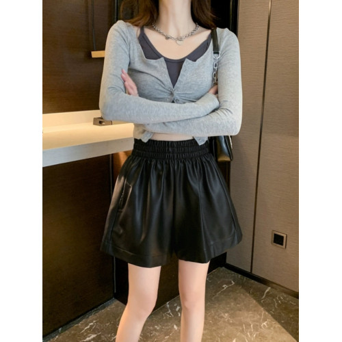 大碼女裝胖mm秋冬新款高腰梨型身材遮胯顯瘦a字濶腿PU短皮褲靴褲