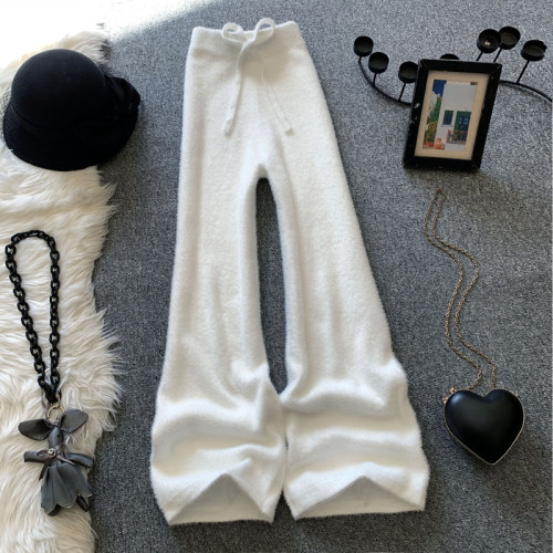 白色濶腿針織褲女秋冬季新款寬鬆拖地水貂絨軟糯垂感直筒休閒長褲