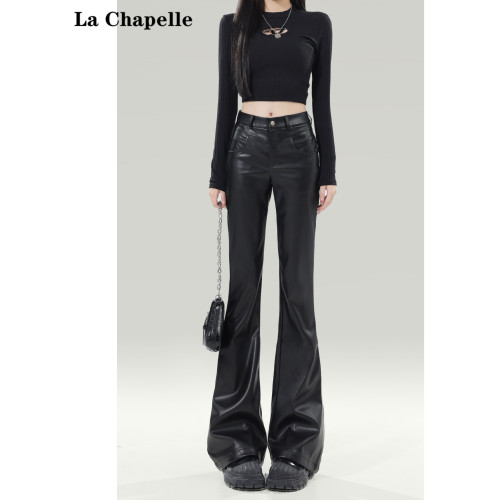 拉夏貝爾黑色皮褲女2025新爆款秋冬加厚小個子高腰休閒微喇叭褲子