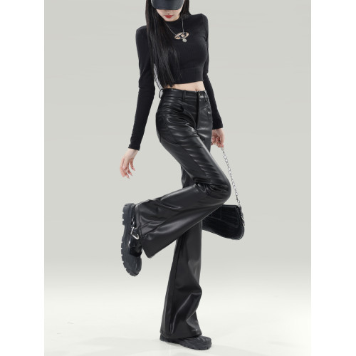 拉夏貝爾黑色皮褲女2025新爆款秋冬加厚小個子高腰休閒微喇叭褲子