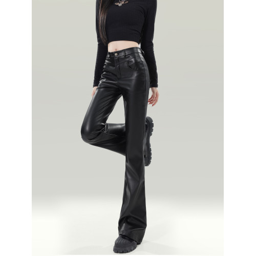 拉夏貝爾黑色皮褲女2025新爆款秋冬加厚小個子高腰休閒微喇叭褲子