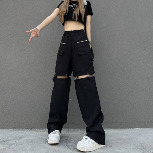 設計感辣妹炸街破洞鏤空工裝褲直筒可拆卸休閒黑色束腳褲子女春夏