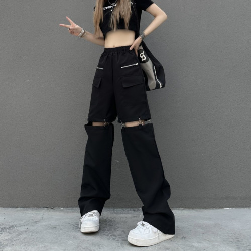 設計感辣妹炸街破洞鏤空工裝褲直筒可拆卸休閒黑色束腳褲子女春夏