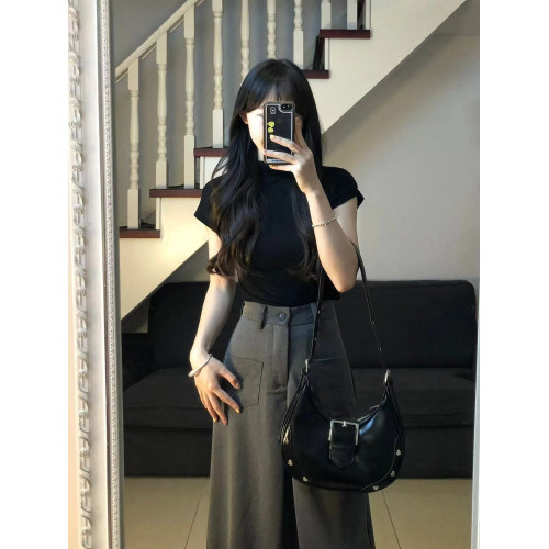 145小矮個子美式高腰西裝濶腿褲女150顯高穿搭直筒顯瘦九分休閒褲