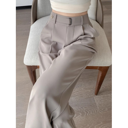 冰絲西裝濶腿褲女夏季薄款小個子高腰垂感寬鬆窄版直筒褲拖地褲子