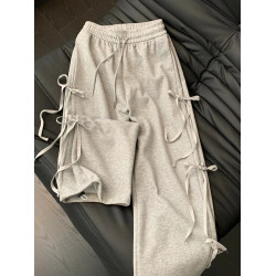 粉色休閒蝴蝶結衛褲女秋冬2024新款系帶寬鬆運動褲高腰直筒濶腿褲