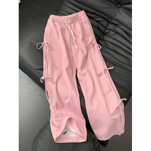 粉色休閒蝴蝶結衛褲女秋冬2024新款系帶寬鬆運動褲高腰直筒濶腿褲