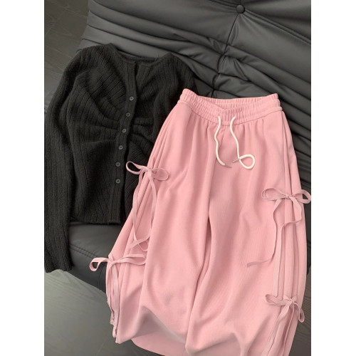 粉色休閒蝴蝶結衛褲女秋冬2024新款系帶寬鬆運動褲高腰直筒濶腿褲