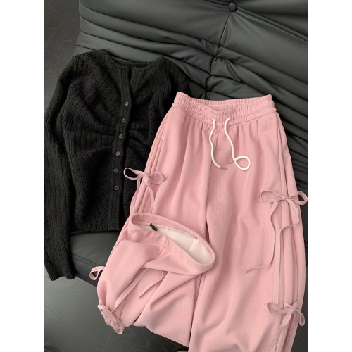 粉色休閒蝴蝶結衛褲女秋冬2024新款系帶寬鬆運動褲高腰直筒濶腿褲